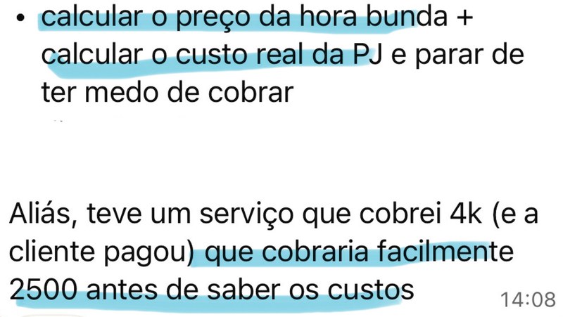 Print de depoimento: aluna descobrindo quanto deveria cobrar